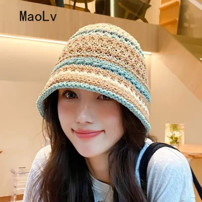 【CC】Ladies Rainbow Striped Hand Crochet Bucket Hat Straw Hand Summer UV Protection Beach Foldable Sun Hat Fashion Bucket Beach Hat