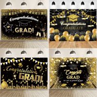 2023 Graduation Party Decor Poster Bachelor Cap Satin Sash Crown Black Gold Balloon Polka Dot Photography Backdrop Background