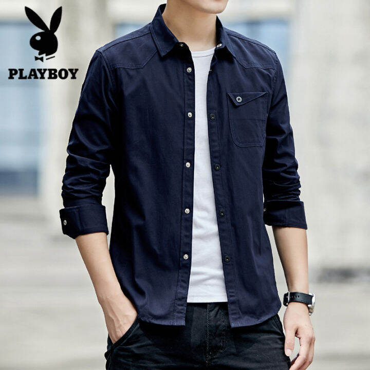 playboy-ฤดูใบไม้ร่วงเสื้อสไตล์ใหม่ผู้ชายแขนยาวผ้าฝ้ายบางพอดีกองทัพทั้งหมดจับคู่เสื้อผู้ชาย