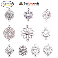 Beebeecraft 1 Box 100Pcs 10 Styles Flower Connector Charms Finding Tibetan Antique Silver Flower Hollow Chakra Charms Pendants Craft Supplies for DIY Jewelry Bracelet Necklace Earring Making Accessories