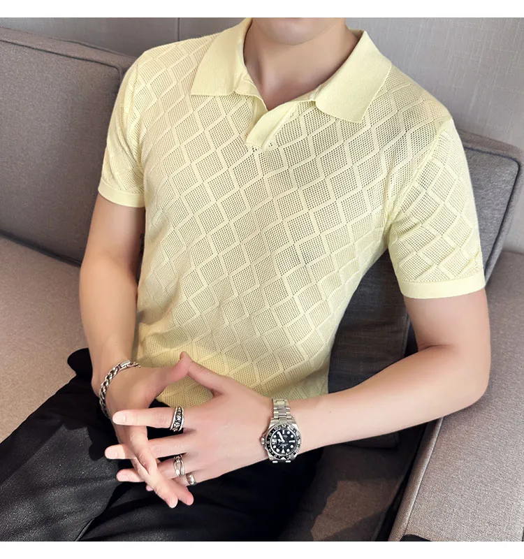 Summer Thin Ice Silk Knitted Polo Shirts Mens Elasticity Mesh Casual T  Shirt Male Short Sleeve O-Neck Slim Fit Breathable Polos