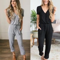 Feng Qi shopWomens Casual V Neck Short Sleeve Long Pant Jumpsuits Rompers with Pockets