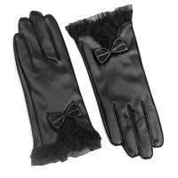 Lace Bowknot Elegant Lady Glove Faux Leather Women Full Finger Ski Winter Warm Gloves