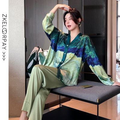 COD SDFGDERGRER Sleepwear for woman French Style Womens Ice Silk Pajamas Womens Spring and Autumn Long-Sleeved Cardigan Western Style Printed Suit Can Be Worn outside Casual and Comfortable Home Wear Summer