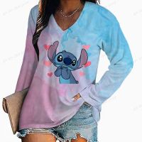 Large Plus Size 4xl Tops Women Spring Summer 2022 Disney Stitch Blouse Pocket Long Sleeve V Neck Loose Ladies T-shirts