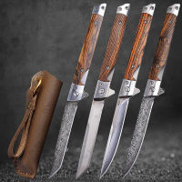 สแตนเลสM390 แถมซองฟรี Steel Folding Knife with Holster Wooden Handle Damascus Pattern High Hardness Outdoor Hunting Knife Camping Survival Tools