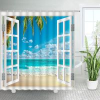 {Bathroom sale}ม่านอาบน้ำ BeachLandscape Windowtree SeaSummerScenery ผ้าม่านห้องน้ำ