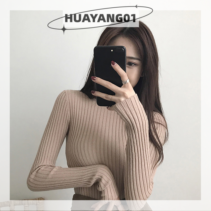 huayang01สเวตเตอร์ตาข่ายยืดหยุ่นผู้หญิง-สเวตเตอร์คอกลมแขนยาวยืดทรงหลวมสีพื้น2023ชิ้น