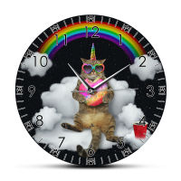 Funny Meowgical Unicorn Cat With Rainbow Donut HD Printed Wall Clock Caticorn Cat Wall Art Girl Room Wall Watch Cat Lovers Gift