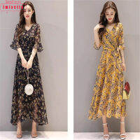 IMIXCITY ชุดเดรสผู้หญิง Slimming Floral Pattern Mid-Waist Trumpet-Sleeve Long Skirt