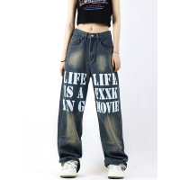 【CW】American Street Hot Stamping Jeans Woman Letter Contrast Jeans Ins High Street Design Women S Loose Straight Mopping Pants