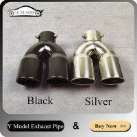 รถจัดแต่งทรงผมสีดำ เงินท่อไอเสียสแตนเลสรถ Universal Y รุ่น Dual Outlet Muffler Tip Tail Nozzles