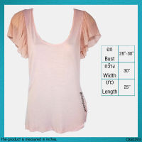 USED H&amp;M - Pink U Neck Ruffle Sleeve Top | เสื้อแขนสั้นสีชมพู เสื้อแขนระบาย เสื้อคอลึก ระบาย สีพื้น สายฝอ แท้ มือสอง