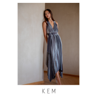 Kemissara Eva Dress SIlver Velvet เดรสพลีตผู้หญิงโก้เรียบ เดรสยาวผ้าพริ้วสบาย เดรสปล่อยสบายมีสายคาดเอว (Pre order  up to 10 days)