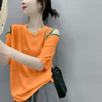 Off Shoulder Tops Women Short Sleeve Knitted Tshirt Korean Style Trendy T Shirt Round Neck Tee 2023 New
