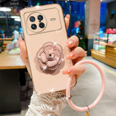 AnDyH For Vivo X50 X60 X70 X80 X80 Pro X90 X90 Pro 5G Case,Fashion Luxury Beautiful Girls Floral Stand + Hand Ring Simple Solid Color Plated Soft Phone Case