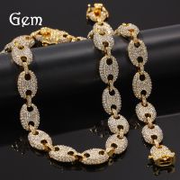 [COD] European and cross-border full of diamonds pig nose alloy necklace bracelet set Hiphop personality mens