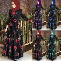 ชุดพิมพ์ดอกไม้มุสลิม Abaya S-5XL Maxi ชุด Muslimah Baju Jubah ผู้หญิงสวมเข็มขัด Dress