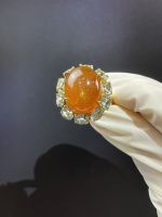 แหวนYellow Sapphire บุษราคัม่หลังเบี้ย ล้อมบูลโทปาส สีฟ้า TOPAZ  ธรรมชาติ พลอยแท้ 100%. Size59