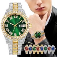 hot style Fashionable high-end mens watch with large rhinestones and diamonds for Roman scale calendar hip-hop blue green water ghost full diamond