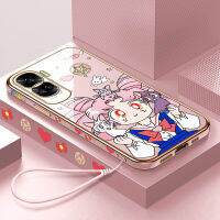 เคสสำหรับ Honor โทรศัพท์90 5G 90 Lite 5G ฟรีสายคล้องการ์ตูนน่ารักเซเลอมูนลูน่าลวดลายขอบสี่เหลี่ยมเคสโทรศัพท์ชุบหรูหราเคสโทรศัพท์นิ่ม