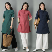 【CW】Women Cotton Linen Tang Suit Chinese Style Kung Fu Tai Chi Uniform R Zen Tea Oriental Clothing Set Qipao Tops Wide Leg Pants