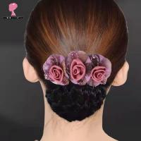 DKIEWQ หวานหวานแหววว สง่างามเรียบหรู ตาข่ายดอกไม้ สำหรับพยาบาล Barrettes บาร์เร็ตต์ คลิปผมโครเชต์ สำหรับพนักงานต้อนรับบนเครื่องบิน สำหรับแม่ เซอร์คอน ตาข่ายมวยสำหรับผู้หญิง สายผูกผมดอกไม้ ตาข่ายคลุมผมคริสตัล