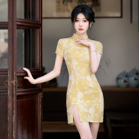 【CW】Cheongsam 2022 New Womens Summer Young Small Short Yellow R High-end Qipao Modern Chinese Sexy Underwear Traditional Dress