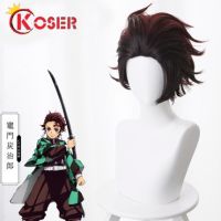 COSER KING อนิเมะครับ Demon Slayer Kimetsu no Yaiba ทันจิโร่ Kamado Tanjirou ชุดคอสเพลย์ สั้น Wig วิกผม ดาบพิฆาตอสูร Cosplay ผู้ชายความร้อนทนว สังเคราะห์ Hair Wigs dv