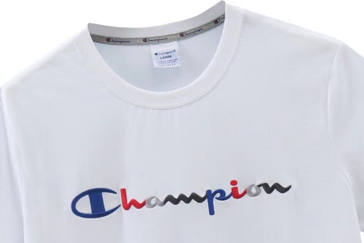 ชายและหญิงเล็กแชมป์ตัวอักษรปักเสื้อยืดสีขาวคู่ผ้าฝ้าย-100-แขนสั้นเสื้อยืดสีดำ-champion-embroidery-t-shirt