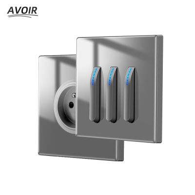 Avoir Gray Reset Light Switch 1/2 Way Wall Power Socket Glass Panel Piano Key Lamp Switches EU French TV RJ45 Electrical Outlets