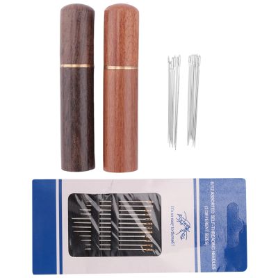 2Pcs Wooden Needle Case with 12 Gold Tail Back Hanging Needles and 4 Large-Eye Leather Stitching Needles for Handmade Sewing