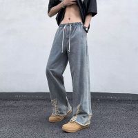 Zipper pants loose leg straight mens youth fashion wash jeans original overnight spring mid back slack straight feet