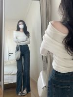 original Uniqlo NEW Gentle style off-shoulder long-sleeved sweater for women autumn inner layering temperament slim design one-shoulder white top