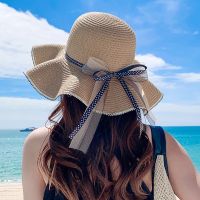 COD tjjs079 Sun Hat Big Black Bow Summer Hats For Women Foldable Straw Beach Panama Hat Visor Wide Brim