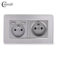 ❂™ COSWALL Silver Stainless Steel Panel French / Polish Wall Socket With Dual USB Charging Port Gray Grey Color