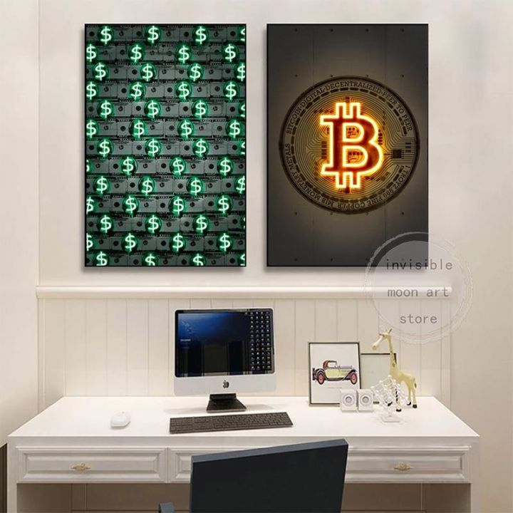 neon-ไทยและ-bitcoin-sign-art-เงินโปสเตอร์แรงบันดาลใจภาพวาดผ้าใบผนังภาพพิมพ์ภาพพิมพ์ภาพห้องนั่งเล่นตกแต่งบ้านโมเดิร์น