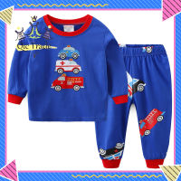 【Fast Delivery?】2pcs Boys Cotton Home Wear Suit Round Neck Long Sleeves Fire Truck Printing Tops Trousers Set