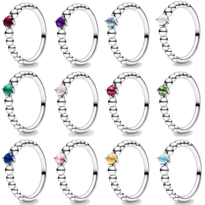 Authentic 925 Sterling Silver Ring Birthstone Beaded With Crystal Rings For Women Lady Birthday Gift Fine DIY pandora Jewelry