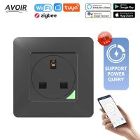 Avoir Zigbee Smart Power Socket With Timer UK Standard Plug Black PC Panel Tuya Wifi Connect Voice Control Work With Google Home Ratchets Sockets