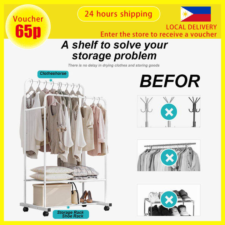 White Elegant Clothes Rack on Wheels Double Rails Clothing Rack With