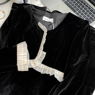 Dress Female Harajpoo Ruffle Ins Fashion New High Waist V Neck Mid-length A Line Puff Sleeve 2022 Y2k Korean Clothes Splicing