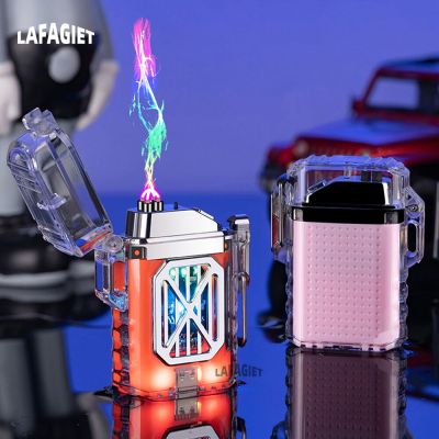 Survival kits Transparent Electronic Lighter Type-C Rechargeable Flameless Windproof Pulse Lighter With LED Light Lanyard Double Arc Lighter Survival kits