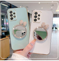 เคส Samsung Galaxy A72 A32 A52 4G 5G พร้อมกระจกแต่งหน้ามีโบว์ชุบ6D หรูหรากรอบสี่เหลี่ยมแวววาวของเด็กผู้หญิงเคสมือถือซิลิโคนกันกระแทกฝาหลัง