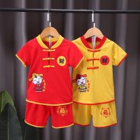 CNY Boys Girls Short Sleeve Hanfu Baby Chinese Style New Year Tang Suit Spring Festival Retro Traditional Kids Shirt Shorts Set