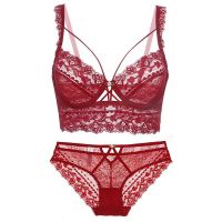 ☬۞ TEEVANCCE No sponge push-up bra set sexy lace ultra-thin gathered 3/4 cup new underwear red blue pink black