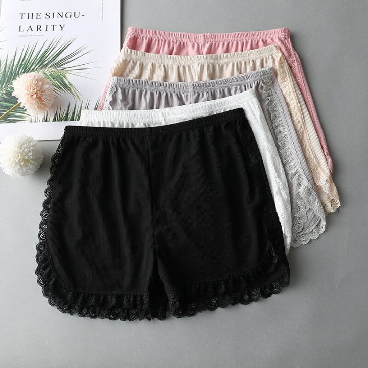 women-spring-summer-same-color-side-lace-safety-shorts-pants-sweet-loose-elastic-home-sleep-shorts-nightwear-bottom-thin-pajamas