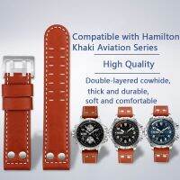 สายรัดหนังวัวแท้สำหรับชุดการบิน Hamilton Khaki สายนาฬิกาข้อมือผู้ชายหมุดทหารกำไลข้อมือ22มม.