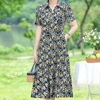 ผู้หญิงฤดูร้อนชุดพิมพ์ลายดอกไม้ขนาดใหญ่ลำลอง Midi กระโปรงปกแขนสั้น Dress