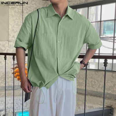 INCERUN เสื้อเบลาส์เสื้อเชิ้ตที่มีน้ำหนักเบามีเชือกผูกสำหรับใส่สบายเก็บเอวผู้ชายแขนสั้น (สไตล์เกาหลี)